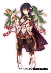 Rule 34 | 1girl, ascot, black hair, black pantyhose, boots, cape, flower, flower knight girl, full body, highres, knee boots, long hair, looking at viewer, manryou (flower knight girl), name connection, object namesake, official art, pantyhose, red cape, red eyes, red skirt, skirt, smile, solo, standing, thighlet, utsurogi akira, wand, white background, white footwear