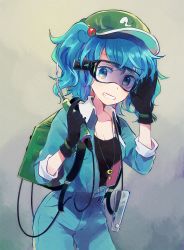 Rule 34 | 1girl, adapted costume, black shirt, blouse, blue eyes, blue hair, breasts, cleavage, cowboy shot, gloves, goggles, green hat, grin, hat, jewelry, jumpsuit, kawashiro nitori, key, key necklace, looking at viewer, mozukuzu (manukedori), necklace, shirt, short hair, smile, solo, standing, teeth, touhou, twintails, two side up