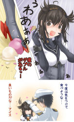 Rule 34 | 10s, 1boy, 1girl, @ @, ^ ^, admiral (kancolle), back, baskin-robbins, black gloves, black hair, blush, bodysuit, boots, breasts, brown eyes, clothes writing, comic, commentary request, corset, expressive hair, closed eyes, faceless, faceless male, food, gloves, grey footwear, hachimaki, hair flaps, hairband, hand on another&#039;s head, hand on own cheek, hand on own face, hat, hatsuzuki (kancolle), headband, heart, high heel boots, high heels, highres, ice cream, ice cream cone, jack (slaintheva), kantai collection, military, military uniform, neckerchief, open mouth, peaked cap, headpat, school uniform, short hair, short sleeves, smile, translation request, uniform, wavy mouth