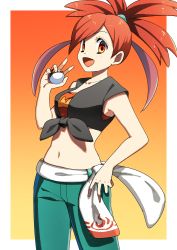 Rule 34 | 1girl, bad id, bad pixiv id, border, collarbone, commentary request, creatures (company), eyelashes, flannery (pokemon), game freak, gradient background, green pants, hair tie, hand on own hip, hand up, highres, holding, holding poke ball, looking at viewer, midriff, navel, nintendo, open mouth, orange eyes, outside border, pants, poke ball, poke ball (basic), pokemon, pokemon oras, red hair, shirt, sleeveless, solo, tied shirt, tongue, white border, yuihico