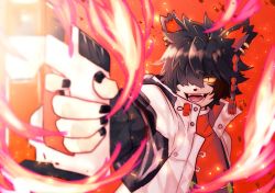 Rule 34 | 1boy, :d, aak (arknights), animal ears, arknights, black hair, black nails, cat ears, coat, colored sclera, earrings, furry, furry male, gun, highres, holding, holding gun, holding weapon, jewelry, long sleeves, looking at viewer, male focus, nail polish, open clothes, open coat, open mouth, orange shirt, rei murder (zeromada), shirt, short hair, smile, solo, upper body, weapon, white coat, yellow sclera