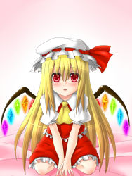Rule 34 | 1girl, alternate hairstyle, bed, blonde hair, dotera, female focus, flandre scarlet, hanazome dotera, hat, long hair, sitting, solo, embodiment of scarlet devil, touhou, v arms, wings