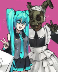 Rule 34 | 1boy, 1girl, absurdres, animal ears, animal nose, artist request, bag, bare shoulders, black dress, black headphones, black skirt, black sleeves, blue eyes, blue hair, blue necktie, colored skin, detached sleeves, dress, five nights at freddy&#039;s, frills, green skin, grey shirt, hatsune miku, headphones, headphones around neck, highres, holding, holding bag, long hair, long sleeves, looking to the side, low twintails, maid, maid headdress, multicolored clothes, multicolored skirt, necktie, open mouth, pale skin, pink background, pleated skirt, rabbit ears, shirt, simple background, skirt, smile, springtrap, teeth, third-party source, twintails, upper teeth only, v, very long hair, vocaloid, white bag