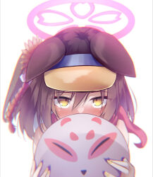 Rule 34 | 1girl, animal ears, ball, beachball, black hair, blue archive, blush, commentary request, covering own mouth, ears down, embarrassed, flower, fox ears, fox girl, from above, hair between eyes, hair flower, hair ornament, halo, highres, holding, holding ball, holding beachball, izuna (blue archive), izuna (swimsuit) (blue archive), looking at viewer, looking up, medium hair, official alternate costume, one side up, pom pom (clothes), pom pom hair ornament, portrait, red scarf, rope, scarf, shimenawa, sidelocks, simple background, solo, sopranino, visor cap, white background, yellow eyes