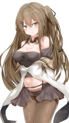 Rule 34 | 1girl, absurdres, arms behind back, black panties, blush, breasts, brown eyes, brown hair, brown pantyhose, buckle, cleavage, closed mouth, clothing cutout, collarbone, collared shirt, cowboy shot, eyes visible through hair, fingerless gloves, girls&#039; frontline, gloves, hair ornament, hair ribbon, hairclip, half-skirt, heart, heart-shaped pupils, highres, k2 (girls&#039; frontline), large breasts, legs together, long hair, long sleeves, looking at viewer, medium breasts, miniskirt, navel, off shoulder, one side up, open mouth, panties, pantyhose, pout, ribbon, ru zhai, shirt, shoulder cutout, side ponytail, sidelocks, simple background, skirt, solo, standing, stomach, strap, symbol-shaped pupils, thighband pantyhose, thighs, underwear, white background