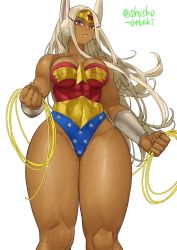 Rule 34 | 1girl, abs, artist name, boku no hero academia, breasts, circlet, cleavage, collarbone, cosplay, crossover, curvy, dark-skinned female, dark skin, dc comics, gauntlets, highres, large breasts, lasso, lasso of truth, leotard, long hair, looking at viewer, mirko, muscular, parted lips, rabbit ears, rabbit girl, red eyes, shosho oekaki, solo, thick thighs, thighs, whip, white background, white hair, wide hips, wonder woman (cosplay)