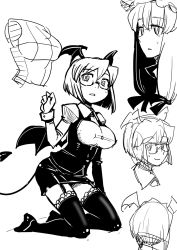 Rule 34 | 2girls, :o, alternate hair length, alternate hairstyle, bat wings, bespectacled, breasts, covered erect nipples, demon tail, dress shirt, framed breasts, full body, garter straps, glasses, greyscale, head wings, highres, koakuma, large breasts, long sleeves, looking at viewer, looking back, low wings, maru-sun, monochrome, multiple girls, necktie, parted lips, patchouli knowledge, shirt, simple background, sketch, smile, tail, taut clothes, taut shirt, thighhighs, touhou, vest, white background, white shirt, wings, zettai ryouiki