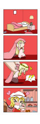 Rule 34 | !, !!, &gt; &lt;, 0 0, 2girls, 4koma, ^^^, absurdres, ascot, bed, bedroom, blanket, blonde hair, blush stickers, book, candy, character doll, cheek-to-cheek, chibi, comic, dress, flandre scarlet, flying sweatdrops, food, hair between eyes, hat, hat ribbon, head wreath, heads together, heart, highres, hug, indoors, jar, jelly bean, kirisame marisa, konpeitou, lamp, lifting person, lily white, long hair, long sleeves, looking to the side, mob cap, multiple girls, mushroom, nightstand, open mouth, outstretched arms, pebble, picture frame, pillow, pink dress, puffy short sleeves, puffy sleeves, rakugaki-biyori, rapeseed blossoms, red vest, ribbon, shelf, short hair, short sleeves, silent comic, unworn socks, solid oval eyes, speech bubble, spoken exclamation mark, spread arms, square mouth, stuffed animal, stuffed goat, stuffed shark, stuffed toy, sweatdrop, table, teddy bear, touhou, upper body, vest, walking, wings, witch hat, yellow ascot