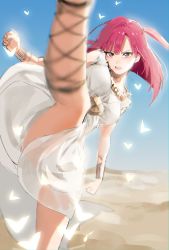 Rule 34 | 1girl, absurdres, ankle lace-up, arm guards, blue sky, blurry, blurry foreground, blush, breasts, commentary request, cross-laced footwear, day, desert, dress, high kick, highres, kicking, looking at viewer, magi the labyrinth of magic, medium breasts, medium hair, morgiana, necktie, open mouth, outdoors, red eyes, red hair, short hair, sinomi, sky, sleeveless, sleeveless dress, solo, standing, standing on one leg, sweat, white dress