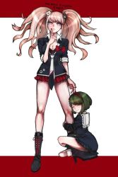 Rule 34 | 2girls, age difference, bear hair ornament, black dress, black shirt, blonde hair, boots, bow, bowtie, breasts, calf boots, child, cleavage, clinging, closed eyes, collarbone, danganronpa: trigger happy havoc, danganronpa (series), danganronpa another episode: ultra despair girls, dress, enoshima junko, full body, green hair, grey eyes, hair ornament, hand on own cheek, hand on own chin, hand on own face, hand on own head, high heel boots, high heels, hugging another&#039;s leg, legs, long hair, long sleeves, mary janes, medium hair, messy hair, multiple girls, necktie, official style, onee-loli, palms, pleated skirt, red background, red bow, red skirt, samiro (artist), shirt, shoes, simple background, sitting, skirt, smile, standing, thighs, towa monaca, twintails, white background, white footwear, yuri