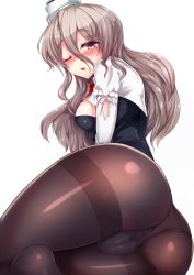 Rule 34 | 10s, 1girl, ass, black pantyhose, blush, bow, bowtie, breasts, brown eyes, cameltoe, cleft of venus, corset, curvy, fat mons, from behind, grey hair, hat, highres, kantai collection, large breasts, long hair, looking at viewer, lying, mini hat, on side, one eye closed, open mouth, panties, pantyhose, pantyshot, pola (kancolle), shiny clothes, sideboob, silly (marinkomoe), skirt, smile, solo, thighband pantyhose, underwear, wavy hair, wide hips
