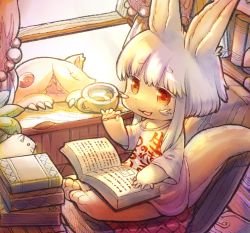 Rule 34 | 2others, :3, alternate costume, animal, animal ears, book, book on lap, bookshelf, brown fur, chair, clothes writing, commentary, commentary request, commission, cup, curtains, english commentary, furry, grey hair, highres, holding, holding paintbrush, made in abyss, mitty (made in abyss), mixed-language commentary, mug, multiple others, naked shirt, nanachi (made in abyss), neritantan, on chair, one-eyed, open book, open mouth, open window, other focus, oversized clothes, oversized shirt, paintbrush, pixiv commission, plant, potted plant, shirt, short hair with long locks, short sleeves, single bare shoulder, sitting, smile, t-shirt, tail, thick eyebrows, toro astro, translation request, whiskers, window, windowsill