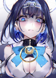 Rule 34 | 1girl, absurdres, blue bow, blue bowtie, blue eyes, blue hair, bow, bow earrings, bowtie, breasts, chain, chain headband, clothing cutout, commentary, disgust, earrings, hair intakes, halo, head chain, highres, hololive, hololive english, jewelry, large breasts, looking at viewer, mile (off8mile), ouro kronii, portrait, shirt, short hair, solo, symbol-only commentary, underboob, underboob cutout, virtual youtuber, white shirt
