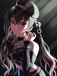 Rule 34 | 1girl, absurdres, beret, black hair, black hat, black shirt, chain necklace, crop top, dark background, detached hair, grin, hair between eyes, hat, highres, idolmaster, idolmaster cinderella girls, jewelry, light rays, looking at viewer, mole, mole under eye, navel, necklace, nito (ninjin), shirt, smile, solo, sunazuka akira, twintails