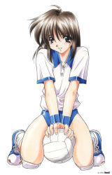 Rule 34 | 1993, 1girl, ball, brown eyes, brown hair, buruma, collarbone, gym uniform, highres, long hair, matching hair/eyes, non-web source, shoelaces, shoes, solo, volleyball, volleyball (object), wristband