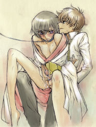 Rule 34 | 2boys, barefoot, bottomless, clothed sex, cock ring, code geass, collar, cum, cum on body, kururugi suzaku, leash, lelouch vi britannia, male focus, multiple boys, on lap, open clothes, open shirt, penis, purple eyes, reach-around, sex toy, shirt, sitting, tied penis, uncensored, yaoi
