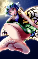 Rule 34 | 1girl, antennae, aqua hair, barefoot, blush, breasts, butterfly wings, dautsen, dress, eternity larva, fairy, full moon, green dress, hair between eyes, highres, insect wings, large breasts, leaf, leaf on head, moon, multicolored clothes, multicolored dress, open mouth, orange eyes, short hair, short sleeves, single strap, smile, soles, solo, toenails, toes, touhou, wings