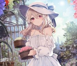 Rule 34 | 1girl, bare shoulders, bare tree, basket, blonde hair, blue sky, blush, bow, breasts, bush, commentary request, day, detached collar, detached sleeves, dress, flower, frilled dress, frills, hair between eyes, hat, hat bow, highres, holding, ikeuchi tanuma, lens flare, long hair, looking at viewer, open clothes, original, outdoors, plant, potted plant, puffy sleeves, red eyes, sky, small breasts, solo, standing, sun hat, sunlight, tino (ikeuchi tanuma), tree, white dress, white hat