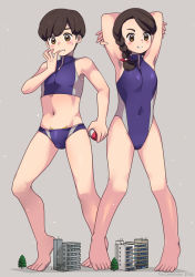 Rule 34 | 1boy, 1girl, armpits, arms behind head, bare arms, barefoot, blue male swimwear, blue one-piece swimsuit, blue swim briefs, blush, braid, brown eyes, brown hair, commentary request, competition swimsuit, covered navel, creatures (company), crop top, eyelashes, florian (pokemon), full body, game freak, giant, giant male, giantess, hand up, holding, holding poke ball, juliana (pokemon), male swimwear, midriff, navel, nintendo, one-piece swimsuit, parted lips, poke ball, pokemon, pokemon sv, short hair, single braid, smile, standing, swim briefs, swimsuit, toes, torajimaneko