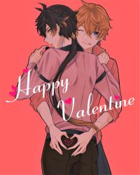 Rule 34 | 2boys, aoi128 gnsn, chocolate, food, genshin impact, heart, heart hands, highres, holding, holding chocolate, holding food, image sample, looking at viewer, multiple boys, one eye closed, pink background, pixiv sample, tartaglia (genshin impact), tongue, tongue out, valentine&#039;s day, yaoi, zhongli (genshin impact)