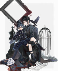 Rule 34 | 2boys, :/, absurdres, animal, animal on shoulder, belt, bird, bird on shoulder, birdcage, black belt, black bow, black bowtie, black capelet, black coat, black footwear, black gloves, black hair, black headwear, black pants, black ribbon, black shirt, black shorts, black socks, black vest, blood, blue eyes, blue hair, boots, border, bow, bowtie, brown collar, butler, cage, cane, capelet, carrying, carrying person, chess piece, ciel phantomhive, coat, collar, crow, double-parted bangs, empty picture frame, eyepatch, unworn eyepatch, formal, frilled shirt collar, frills, full body, gloves, grey background, grey shirt, hair between eyes, hat, highres, holding, holding cane, holding eyepatch, jiuchuansi, kuroshitsuji, lapel pin, lapels, leash, legwear garter, looking at viewer, male focus, medal, mismatched pupils, multiple boys, neck ribbon, notched lapels, on one knee, outside border, pants, parted lips, picture frame, red eyes, ribbon, rug, sebastian michaelis, shirt, shoes, short hair, shorts, sitting, sitting on lap, sitting on person, skull, smile, socks, symbol-shaped pupils, tailcoat, tassel, tassel hat ornament, top hat, vest, white border