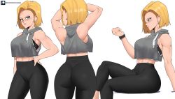 Rule 34 | 1girl, android 18, annoyed, ass, bandeau, bare shoulders, black bandeau, blonde hair, blue eyes, blush, breasts, crop top, crop top overhang, dragonball z, echo saber, from behind, hand on own hip, high-waist pants, highres, large breasts, looking at viewer, midriff, multiple views, pants, short hair, simple background, thighs, white background, yoga pants