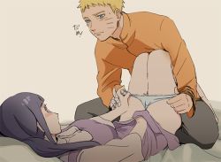 Rule 34 | 1boy, 1girl, bare legs, bed, between legs, blonde hair, blue eyes, blush, covering privates, covering crotch, dress, hetero, holding hands, husband and wife, hyuuga hinata, imminent penetration, knees together feet apart, kumoko (supermoichan), legs, legs up, lying, naruto, naruto (series), on back, panties, pants, panty pull, purple hair, shirt tug, short hair, underwear, undressing, uzumaki naruto, whiskers