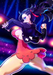Rule 34 | 1girl, arena, ass, black hair, black jacket, black nails, breasts, buttons, creatures (company), deliciousorange, dress, earrings, game freak, green eyes, hair ribbon, holding, holding poke ball, jacket, jewelry, large breasts, looking at viewer, marnie (pokemon), nail polish, night, night sky, nintendo, open clothes, open jacket, outdoors, pink dress, poke ball, pokemon, pokemon swsh, red ribbon, ribbon, sideboob, sky, solo, throwing poke ball