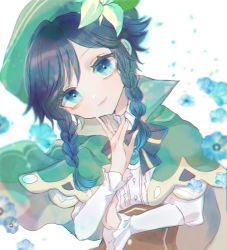 Rule 34 | 1boy, 96me, absurdres, androgynous, beret, black hair, blue eyes, blue flower, blue hair, bow, braid, brooch, cape, closed mouth, collared cape, corset, flower, frilled sleeves, frills, gem, genshin impact, gradient hair, green hat, hand on own chin, hat, hat flower, highres, huge filesize, jewelry, leaf, long sleeves, looking at viewer, male focus, multicolored hair, shirt, short hair with long locks, simple background, smile, solo, twin braids, venti (genshin impact), white flower, white shirt