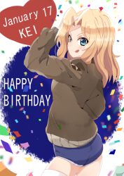 Rule 34 | 10s, 1girl, :p, adjusting hair, blonde hair, blue eyes, blue shorts, brown jacket, character name, confetti, cowboy shot, dated, denim, denim shorts, from side, girls und panzer, hair intakes, hand in pocket, happy birthday, heart, hitoshi suda, jacket, kay (girls und panzer), long hair, long sleeves, looking at viewer, military, military uniform, short shorts, shorts, solo, standing, star (symbol), thighhighs, tongue, tongue out, uniform, white thighhighs