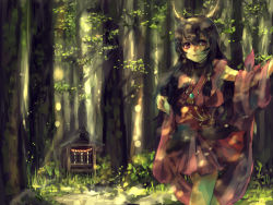 Rule 34 | 1girl, bad id, bad pixiv id, black hair, detached sleeves, female focus, forest, horns, japanese clothes, minase (mmakina), naga (staygarden), nature, outdoors, red eyes, ryuujin naga, shrine, solo