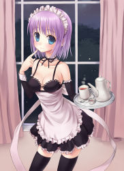 Rule 34 | 1girl, bare shoulders, black thighhighs, blue hair, blush, breasts, collarbone, cup, curtains, detached sleeves, finger to mouth, highres, kettle, maid, maid headdress, n.g., original, purple hair, short hair, smile, solo, spoon, thighhighs, tray, window, yuyu (tinami)