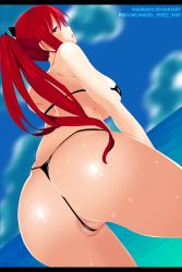 Rule 34 | 1girl, absurdres, ass, beach, bikini, breasts, erza scarlet, fairy tail, female focus, highres, large breasts, long hair, looking back, outdoors, ponytail, pussy, red hair, sharknex, solo, swimsuit, uncensored, water, wet