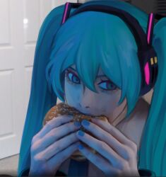 Rule 34 | 1girl, blue eyes, blue hair, blue nails, blue necktie, burger, door, eating, fingernails, food, grey shirt, hair between eyes, hatsune miku, headphones, holding, holding food, homuku, indoors, jerma985, long bangs, long hair, nail polish, necktie, open mouth, photo-referenced, shirt, solo, twintails, upper body, very long hair, vocaloid
