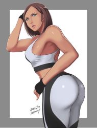 Rule 34 | 1girl, ass, bare shoulders, blue eyes, border, breasts, brown hair, dark-skinned female, dark skin, dated, derivative work, fingerless gloves, gloves, grey border, large breasts, looking at viewer, muscular, muscular female, non (nonsummerjack), parted lips, real life, shibusun, short hair, sideboob, signature, solo, sports bra, thighs, white background