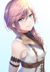Rule 34 | 1girl, absurdres, blue eyes, breasts, closed mouth, final fantasy, final fantasy xiii, highres, lightning farron, long hair, looking at viewer, pink hair, rama (yu-light8), simple background, smile, solo, square enix, zipper pull tab