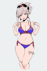 Rule 34 | 1girl, :o, adapted costume, artist name, bare arms, bare shoulders, bikini, blue bikini, blush, breasts, cleavage, collarbone, cropped legs, fate/grand order, fate (series), front-tie bikini top, front-tie top, grey background, hands up, head tilt, large breasts, long hair, looking at viewer, miyamoto musashi (fate), navel, open mouth, ponytail, red ribbon, relaxjon, ribbon, side-tie bikini bottom, signature, silver hair, simple background, solo, stomach, swept bangs, swimsuit, v-shaped eyebrows