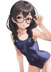 Rule 34 | 1girl, akahara tyun, black hair, blue one-piece swimsuit, braid, breasts, cevio, covered navel, cowboy shot, crossed bangs, glasses, green eyes, hair over shoulder, hanakuma chifuyu, leaning forward, long hair, looking at viewer, low twin braids, one-piece swimsuit, otaru (hokkaido), school swimsuit, simple background, small breasts, solo, swimsuit, synthesizer v, twin braids, white background