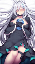 Rule 34 | 1girl, animal ears, balaclava, between breasts, black choker, blue archive, breasts, choker, cleavage cutout, closed eyes, clothing cutout, collarbone, cross hair ornament, dress, fi-san, gloves, grey hair, hair ornament, highres, holding, large breasts, legs together, long hair, lying, hugging object, on back, own hands together, shiroko (blue archive), shiroko terror (blue archive), solo, thigh strap, two-sided dress, two-sided fabric, wolf ears
