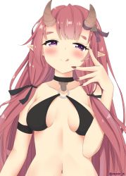 Rule 34 | 1girl, :q, bad id, bad pixiv id, bare shoulders, black choker, blush, breasts, brown nails, choker, closed mouth, collarbone, fingernails, highres, horns, long hair, looking away, looking to the side, medium breasts, mony, nail polish, navel, o-ring, original, pink hair, pointy ears, purple eyes, sharp fingernails, sideboob, simple background, smile, solo, thick eyebrows, tongue, tongue out, twitter username, upper body, very long hair, white background