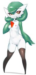 Rule 34 | 1girl, absurdres, black thighhighs, breasts, cleft of venus, creatures (company), fir3born, full body, game freak, gardevoir, gen 3 pokemon, green hair, groin, hand on own chest, highres, navel, nintendo, nipples, nude, pale skin, pokemon, pokemon (creature), pussy, red eyes, short hair, simple background, small breasts, solo, thighhighs, thighs, uncensored, white background