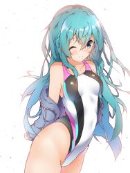 Rule 34 | 1girl, absurdres, alternate hairstyle, aqua eyes, aqua hair, arms behind back, breasts, commentary request, cowboy shot, grey jacket, hair down, halkawa501, hatsune miku, highleg, highleg swimsuit, highres, hood, hooded jacket, hoodie, jacket, long hair, looking at viewer, one-piece swimsuit, one eye closed, simple background, small breasts, solo, standing, swimsuit, vocaloid, white background, white one-piece swimsuit