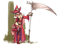 Rule 34 | 1girl, bare shoulders, black thighhighs, breast tattoo, breasts, cleavage, corset, darren geers, detached sleeves, earrings, hat, heterochromia, highres, huge weapon, jewelry, large breasts, long hair, luminous arc, pink hair, red eyes, scythe, showgirl skirt, solo, standing, standing on one leg, tattoo, thighhighs, vanessa (luminous arc), very long hair, weapon, witch, witch hat