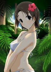 Rule 34 | 10s, 1girl, bikini, blurry, blurry background, breasts, brown eyes, brown hair, cleavage, closed mouth, commentary request, flower, forest, from side, girls und panzer, hair flower, hair ornament, looking at viewer, medium breasts, nana (manaita koumuten), nature, palm tree, parted bangs, sawa azusa, short hair, side-tie bikini bottom, solo, standing, swimsuit, tree, upper body, v arms, wet, white bikini