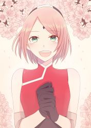 Rule 34 | 1girl, absurdres, arm warmers, bare shoulders, black gloves, blush, branch, cherry blossoms, facial mark, floral background, forehead mark, gloves, green eyes, happy, happy tears, haruno sakura, headband, highres, jdkira0714, looking at viewer, naruto: the last, naruto (series), open mouth, own hands together, petals, pink hair, sash, shirt, short hair, sleeveless, sleeveless shirt, smile, solo, tears, turtleneck, upper body