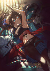 Rule 34 | 1girl, absurdres, amiya (arknights), animal ears, arknights, armpits, black bra, black coat, black pantyhose, blue choker, blue eyes, blue neckwear, blue skirt, blurry, bra, breasts, brown hair, choker, clothes writing, coat, unworn coat, commentary, crown, depth of field, english commentary, expressionless, eyelashes, feet out of frame, hair between eyes, headphones, highres, indoors, jewelry, long hair, long sleeves, looking at viewer, lying, miniskirt, on back, open clothes, open coat, pantyhose, pleated skirt, rabbit ears, skirt, unworn skirt, small breasts, solo, spoilers, stomach, sweater, underwear, white background, white sweater, yo-ba yo