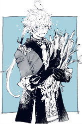 Rule 34 | 1boy, ahoge, alphinaud leveilleur, black gloves, blue background, blue coat, border, branch, coat, commentary, cowboy shot, crossed bangs, dated, elbow gloves, elezen, elf, eyes visible through hair, final fantasy, final fantasy xiv, firewood, gloves, hair ribbon, holding, holding branch, itowo (itowc), long hair, looking at viewer, male focus, monochrome, open mouth, outside border, pointy ears, ponytail, ribbon, signature, smile, solo, sparkle, standing, white border, white hair