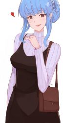 Rule 34 | 1girl, alternate costume, bag, blue hair, blush, braid, breasts, brown dress, brown eyes, commentary, cowboy shot, dress, english commentary, eyelashes, fire emblem, fire emblem: three houses, hand up, handbag, heart, highres, jewelry, kgctcg, long sleeves, looking at viewer, marianne von edmund, medium breasts, medium hair, nintendo, ring, sidelocks, simple background, smile, solo, sweater, twitter username, white background, white sweater
