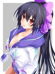 Rule 34 | black hair, breasts, cleavage, grey background, hood, hoodie, iwashi dorobou -r-, long hair, medium breasts, neptune (neptunia), neptune (series), noire (neptunia), open mouth, parka, ponytail, red eyes, ribbon, simple background, solo, surprised, thighs, tsundere, white background