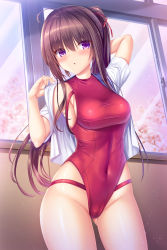 Rule 34 | 1girl, :o, ahoge, arm behind head, blush, breasts, brown hair, cameltoe, cherry blossoms, covered navel, cowboy shot, gluteal fold, highleg, highleg swimsuit, highres, indoors, long hair, looking away, medium breasts, one-piece swimsuit, open clothes, open shirt, original, ponytail, purple eyes, red one-piece swimsuit, shirt, sideboob, solo, swimsuit, taut clothes, taut swimsuit, umitonakai, white shirt, window